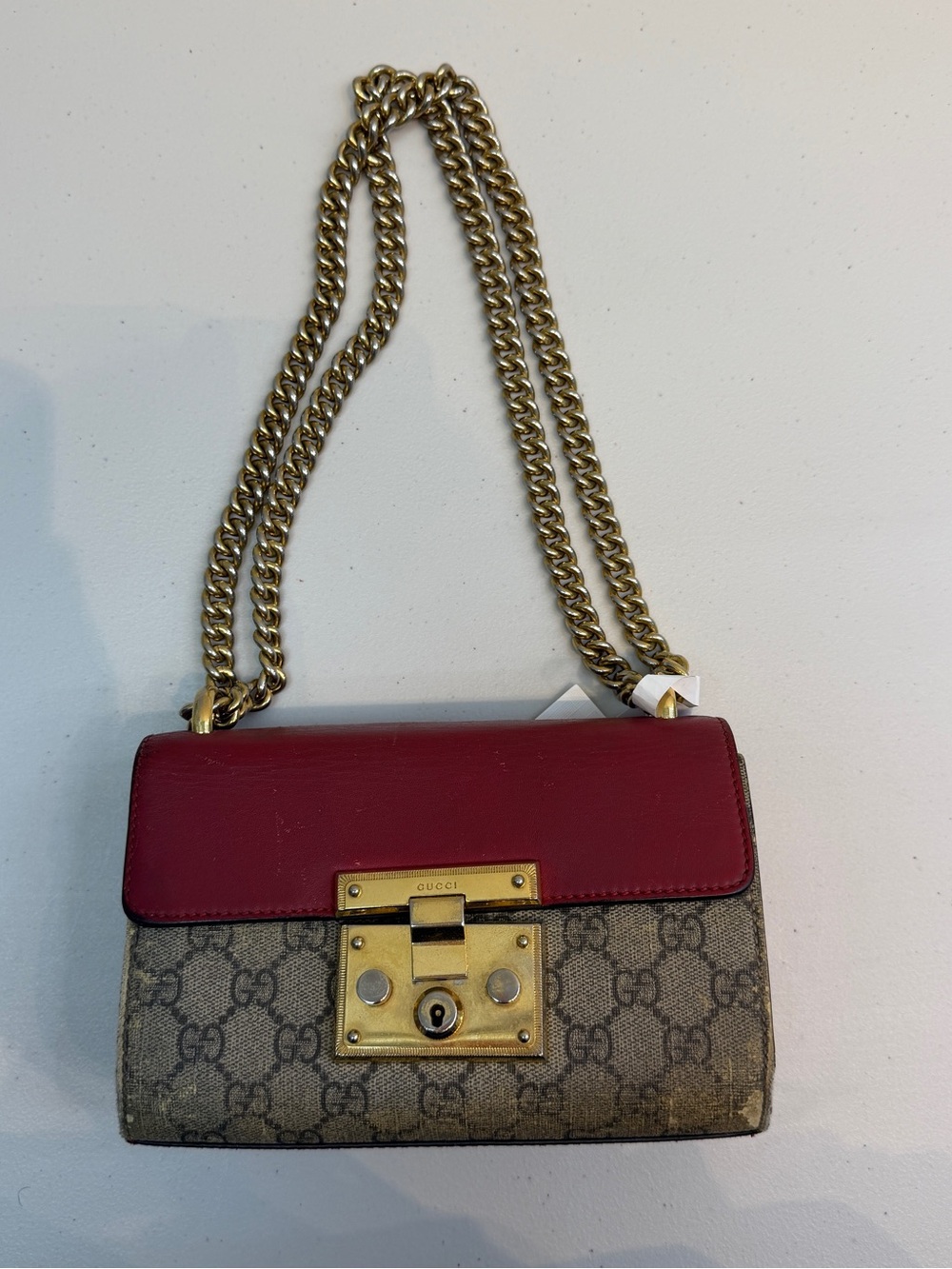 Gucci Red Leather Flap GG Canvas Crossbody with Gold Chain